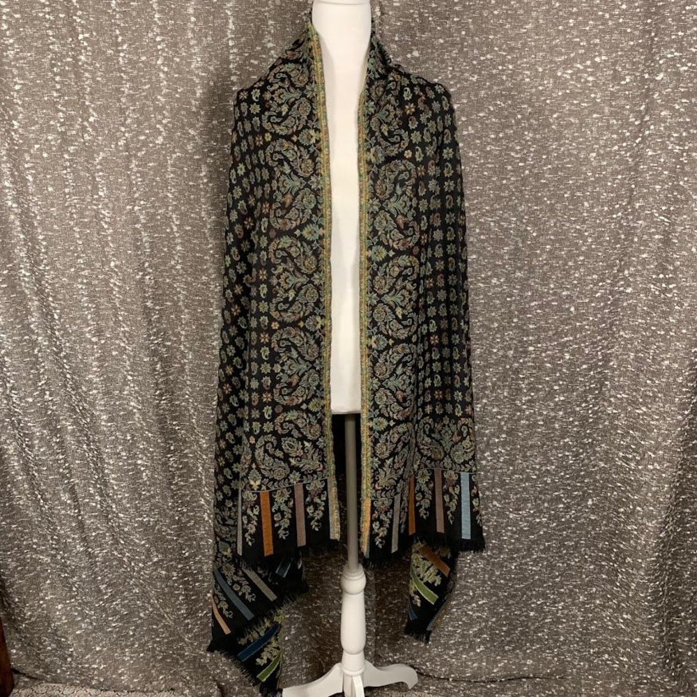 Vintage Black Paisley Pashmina Shawl Scarf Multicolor Floral Fringe Wrap Boho